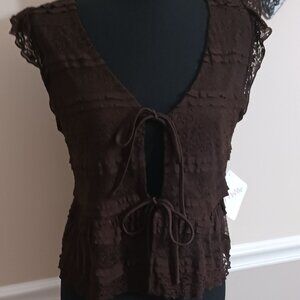 Brand New Tags La Peche Chocolate Brown Lace Double Front Tie Blouse